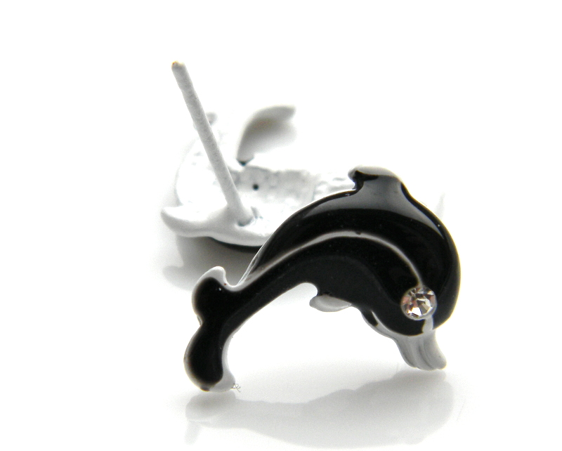 Emaliuotos adatls auskarams Delfinas juodos 11x15 mm